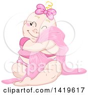 Poster, Art Print Of Cartoon Happy Blond Haired Baby Girl Cuddling With Her Blanket