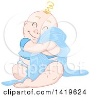 Poster, Art Print Of Cartoon Happy Blond Haired Baby Boy Cuddling With His Blanket