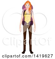 Clipart Of A Happy Casual Red Haired Caucasian Woman Wearing A Travel Or Hiking Backpack Royalty Free Vector Illustration