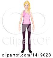 Clipart Of A Happy Casual Blond Caucasian Woman In A Pink Tank Top Royalty Free Vector Illustration