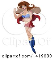 Poster, Art Print Of Brunette Super Woman Flying And Flexing Her Strong Arm