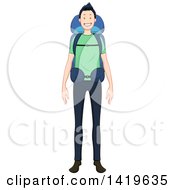Poster, Art Print Of Cartoon Happy Casual Man Wearing A Hiking Backpack