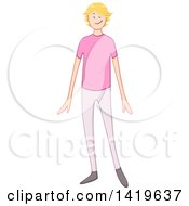 Clipart Of A Cartoon Happy Blond Caucasian Man Wearing Pink Royalty Free Vector Illustration