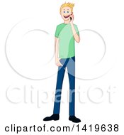 Poster, Art Print Of Cartoon Happy Casual Blond Caucasian Man Wearing A Green T Shirt And Talking On A Cell Phone