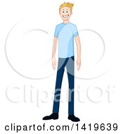 Clipart Of A Cartoon Happy Casual Blond Caucasian Man Wearing A Blue T Shirt Royalty Free Vector Illustration