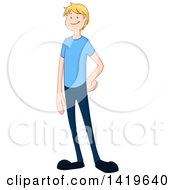 Clipart Of A Cartoon Happy Casual Blond Caucasian Man Wearing A Blue T Shirt Royalty Free Vector Illustration