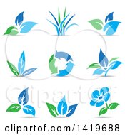 Poster, Art Print Of Plant Leaves A Flower And Recycle Arrows In Blue And Green With Shadows