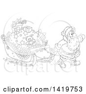 Poster, Art Print Of Black And White Lineart Christmas Santa Claus Pulling A Sleigh Full Of Gifts