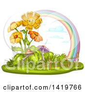 Poster, Art Print Of Smiling Flowering Plant With Mushrooms And A Rainbow