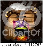Poster, Art Print Of Halloween Witch Stirring A Cauldron Bordered With Evil Ent Trees