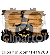 Poster, Art Print Of Black Halloween Jackolantern Pumpkin Wearing A Witch Hat In A Cemetery Over A Wood Sign