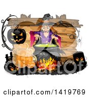 Poster, Art Print Of Halloween Witch Stirring A Cauldron Over A Wood Sign