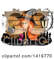 Poster, Art Print Of Halloween Witch By A Cauldron Over Wood Boards