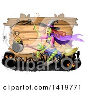 Poster, Art Print Of Halloween Witch Flying On A Broomstick By A Cauldron Over Wood Boards