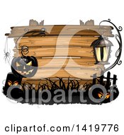 Poster, Art Print Of Black Halloween Jackolantern Pumpkin Hanging From A Hook With A Spider Tombstone And Lamp Over A Wood Sign
