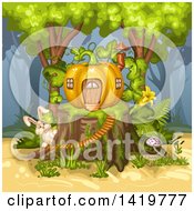 Poster, Art Print Of Rabbit By A Pumpkin House On A Tree Stump