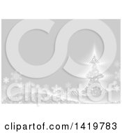 Clipart Of A Christmas Background With A Tree Snowflakes And Waves On Gray Royalty Free Vector Illustration