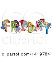 Poster, Art Print Of Doodled Sketch Of Children Playing On The Word Friday