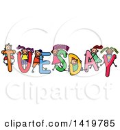 Poster, Art Print Of Doodled Sketch Of Children Playing On The Word Tuesday
