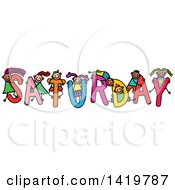 Poster, Art Print Of Doodled Sketch Of Children Playing On The Word Saturday