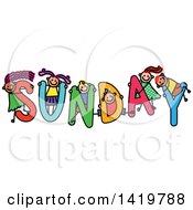 Poster, Art Print Of Doodled Sketch Of Children Playing On The Word Sunday