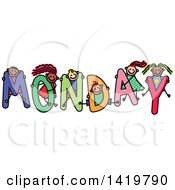 Poster, Art Print Of Doodled Sketch Of Children Playing On The Word Monday