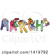 Poster, Art Print Of Doodled Sketch Of Children Playing On The Word March