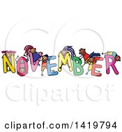 Poster, Art Print Of Doodled Sketch Of Children Playing On The Word November