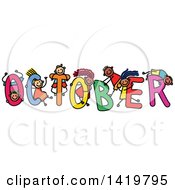 Doodled Sketch Of Children Playing On The Word October