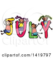 Poster, Art Print Of Doodled Sketch Of Children Playing On The Word July