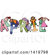 Poster, Art Print Of Doodled Sketch Of Children Playing On The Word April