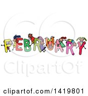 Poster, Art Print Of Doodled Sketch Of Children Playing On The Word February