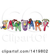 Doodled Sketch Of Children Playing On The Word January
