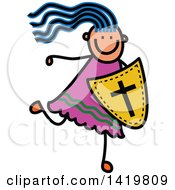 Poster, Art Print Of Doodled Sketched Blue Haired Girl Running With A Shield Of Faith