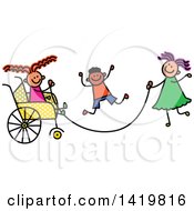 Poster, Art Print Of Doodled Disabled Girl In A Wheelchair Playing Jump Rope With Her Friends