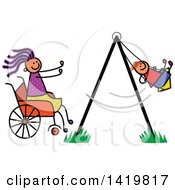 Poster, Art Print Of Doodled Disabled Mom In A Wheelchair Pushing Her Son In A Swing
