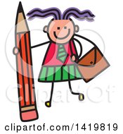 Poster, Art Print Of Doodled Sketched School Girl With A Giant Pencil