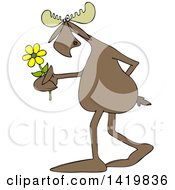 Poster, Art Print Of Cartoon Moose Walking Upright And Holding A Flower