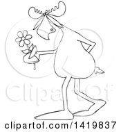 Clipart Of A Black And White Lineart Cartoon Moose Walking Upright And Holding A Flower Royalty Free Vector Illustration