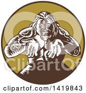 Retro Woodcut Samoan God Tagaloa Holding His Hands Out In A Brown And Green Circle