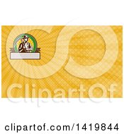Clipart Of A Retro Brown And White Woodcut Male Farmer Holding A Scythe And Yellow Rays Background Or Business Card Design Royalty Free Illustration by patrimonio