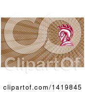Poster, Art Print Of Retro Woodcut Spartan Warrior In Profile Wearing A Helmet And Brown Rays Background Or Business Card Design