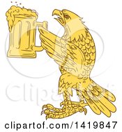 Poster, Art Print Of Yellow Sketched Bald Eagle Holding Up A Beer Mug