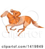 Poster, Art Print Of Sketched Orange Jockey Racing A Horse
