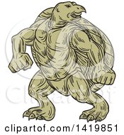 Clipart Of A Green Sketched Ridley Turtle In A Martial Arts Stance Royalty Free Vector Illustration by patrimonio