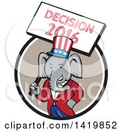Clipart Of A Retro Cartoon Political Republican Elephant Holding A Decision 2016 Sign Emerging From A Circle Royalty Free Vector Illustration