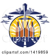 Clipart Of Retro WWII B 17 Flying Fortress Bombers Taking Off Over Beer Buttles And A Runway Royalty Free Vector Illustration