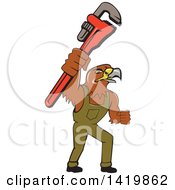 Poster, Art Print Of Cartoon Hawk Plumber Man Holding Up A Monkey Wrench