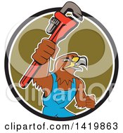 Poster, Art Print Of Cartoon Hawk Plumber Man Holding Up A Monkey Wrench Emerging Rom A Circle