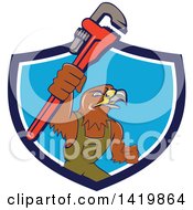 Poster, Art Print Of Cartoon Hawk Plumber Man Holding Up A Monkey Wrench Emerging Rom A Blue And White Shield